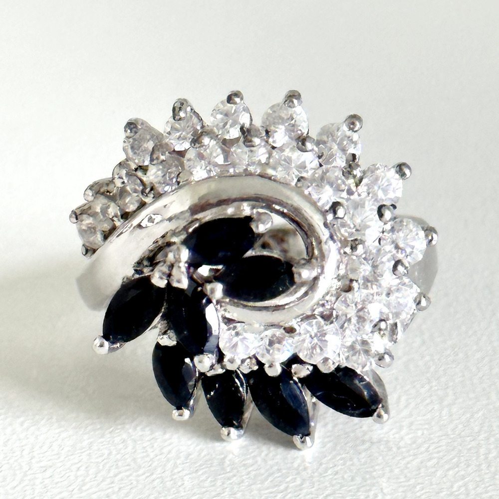 Vintage Uncas 925 Sterling Silver Sapphire Clear Cz Statement Band Ring Size 6